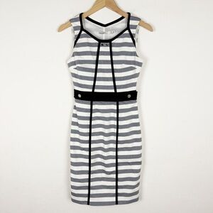 Karen Millen Grey / White Striped Pencil Knee Length Dress